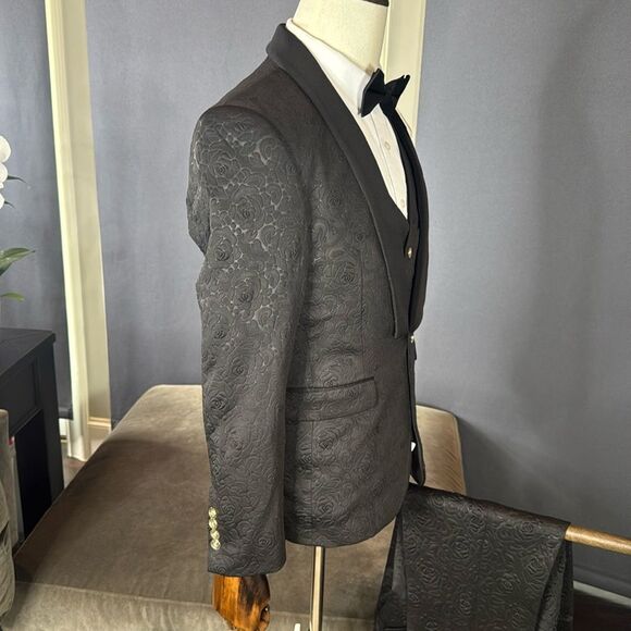 Men’s Black Floral Suit Tuxedo 3 Piece Shawl Lapel Size 34 Jacket 31 Pants NWT - Picture 5 of 15